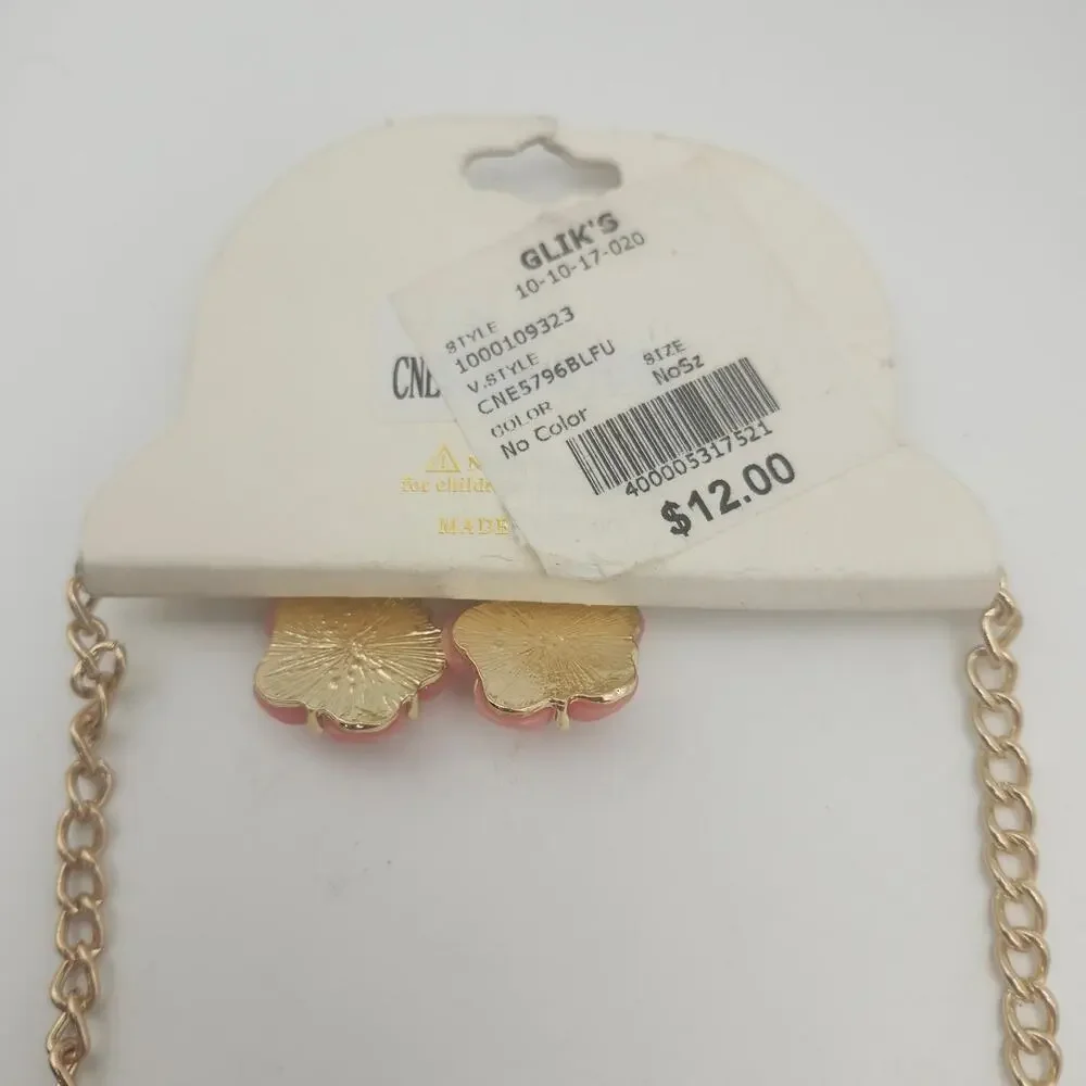 BOGOT Pink Navy Flower Statement Bib Necklace Earrings Set Gold Tone Rhinestone